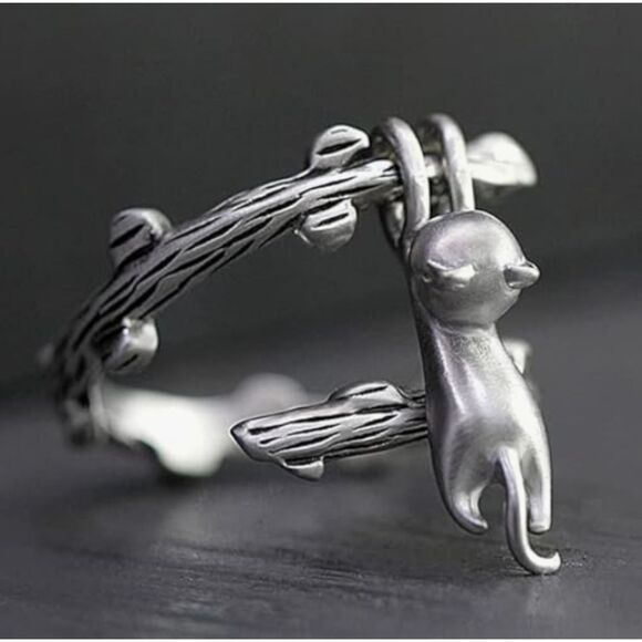 Silver Dangling Cat From Tree Branch Ring Adjustable Kitty - Picture 9 of 9